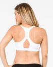 back view of a mum wearing a white breastfeeding sports bra racerback