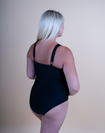 Back view of black one piece nursing swimwear
