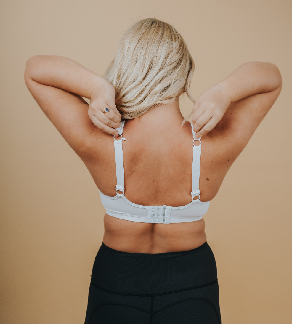 Back view of white supportive nursing bra 