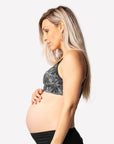 pregnant mother wearing a custom print zip front closure nursing bra 