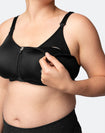 black zip front closure nursing bra with drop down cups and nursing sling underlayer