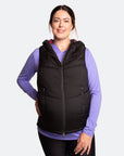 Front view of black women's puffer vest