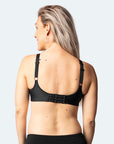 racerback front closure nursing bra with B to D cups in black