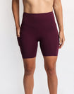Burgundy postpartum bike shorts with pockets