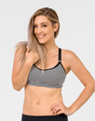 front view of a mum wearing a striped maternity activewear bra