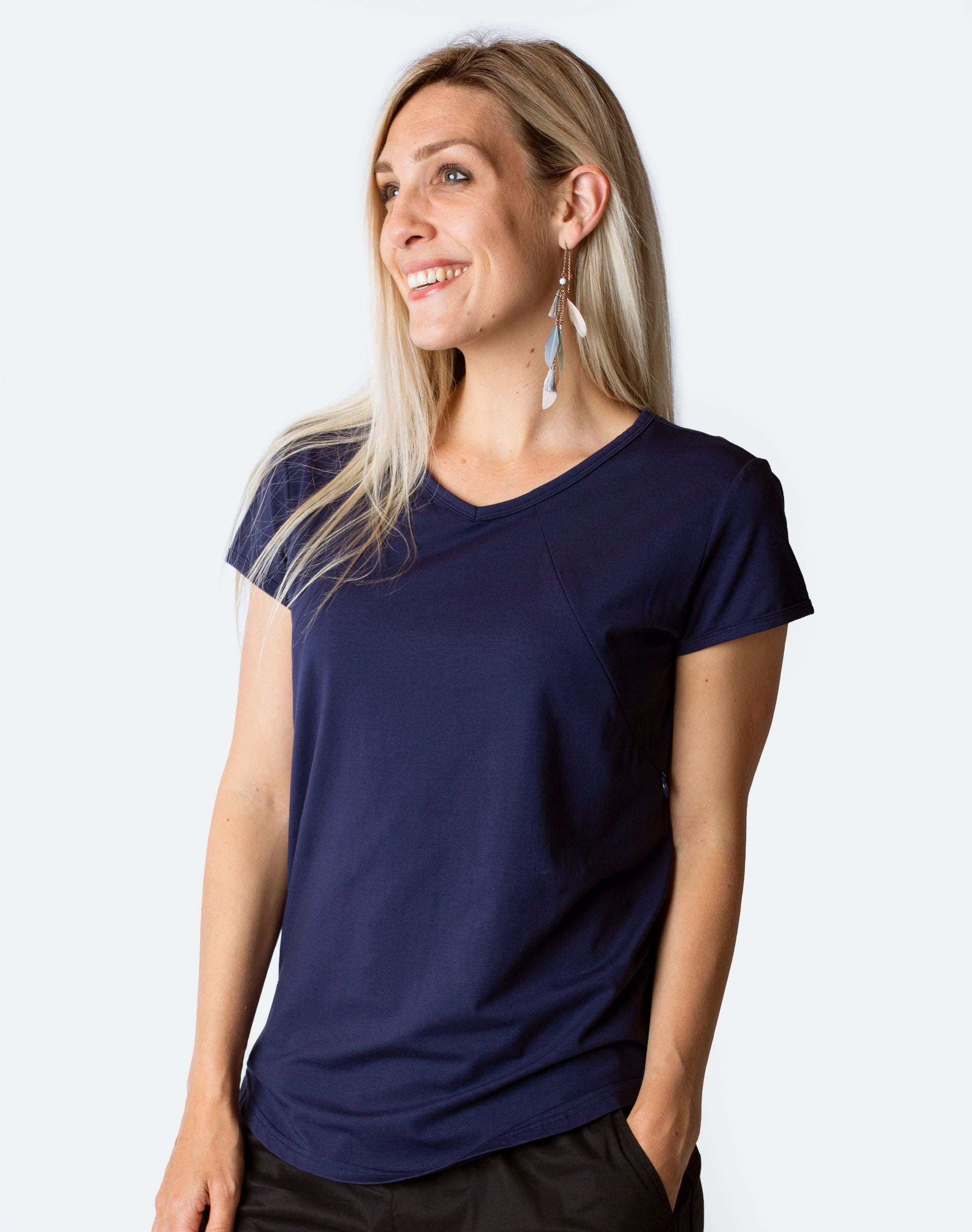 Happy mum wearing scoop tee in tui blue