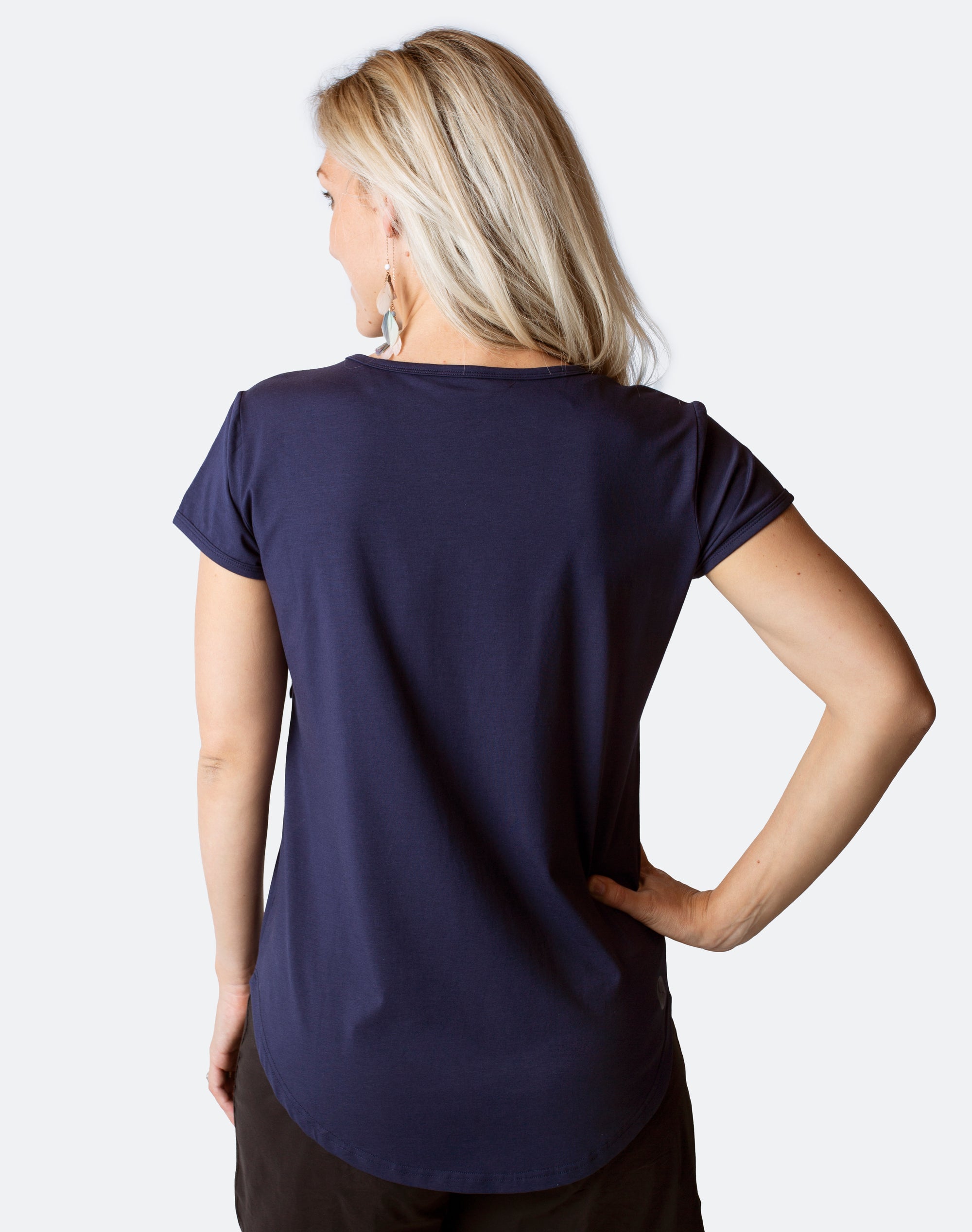 Back view fit mum wearing nursing tee