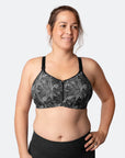 zip front closure nursing bra for DD to G cup sizes with encapsulating foam moulded cups