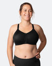 black zip front closure nursing bra for DD to G cup sizes with encapsulating foam moulded cups