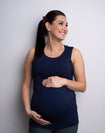 Side view of pregnant mother wearing blue maternity & breastfeeding top